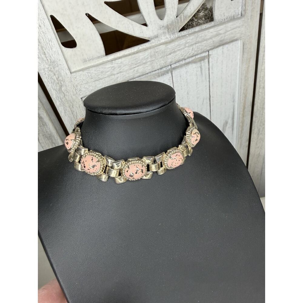 Vintage Faux Pink Turquoise Cabochon Necklace Choker Silver Link